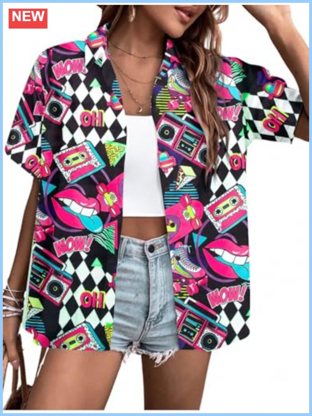 80s Disco Party Retro Button Down Short Sleeve Blouse for Women Neon Hawaiian